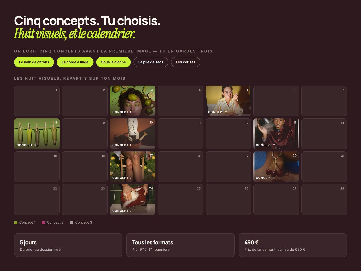 Cinq concepts, huit visuels posés sur le calendrier du mois