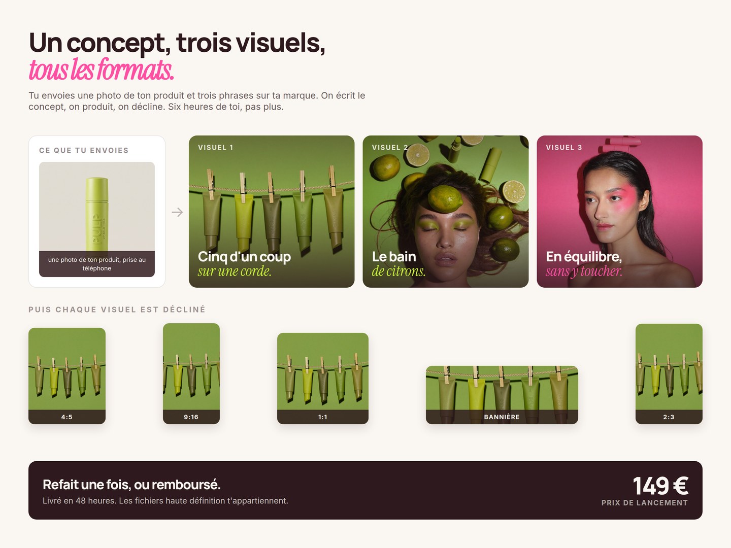 La chaîne de l'essai : ta photo produit, trois visuels, cinq formats
